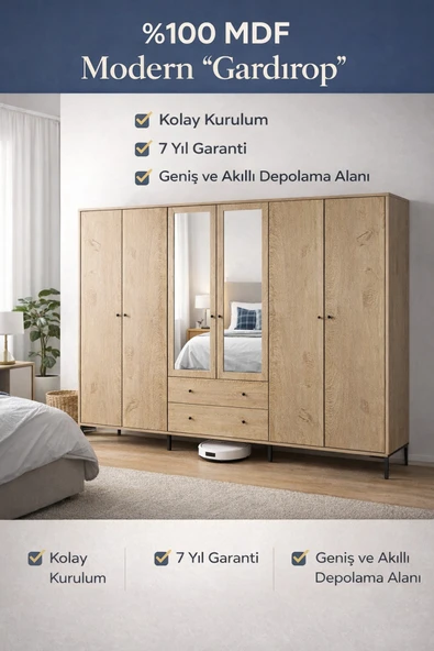 VENATTO Focus 6 Aynalı Dolap (%100MDF) MEŞE ürün görseli 1