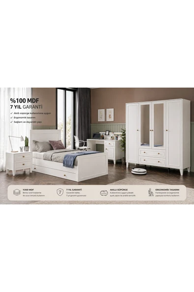 VENATTO MADRİD AYNALI ÇOK FONKSİYONEL GENÇ ODASI (%100MDF) Beyaz ürün görseli 1
