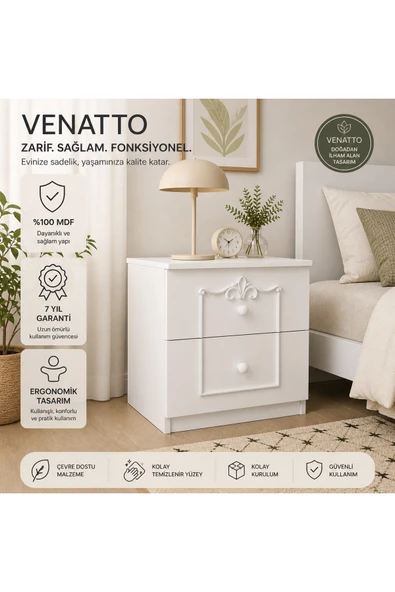 VENATTO Romantic Komodin(%100mdf) SOFT BEYAZ-AMALFİ CEVİZ ürün görseli 1