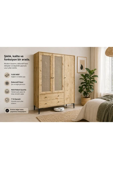 VENATTO Trio 3 Kapılı Dolap (%100MDF) MEŞE ürün görseli 1