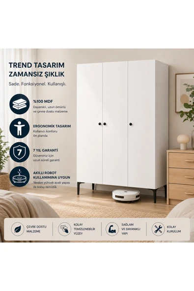 VENATTO FREE 3 KAPAKLI,6 RAFLI, 1 ASKILI DOLAP/GARDIROP (%100MDF) Beyaz ürün görseli 1