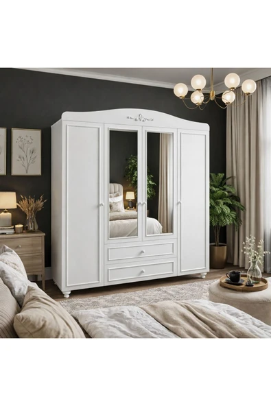 VENATTO Romantic 4 Kapılı, 2 Çekmeceli Aynalı Dolap/gardırop(%100MDF) BEYAZ ürün görseli 1