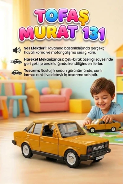 Nostaljik Tofaş Murat 131 Oyuncak Araba Işıklı, Çek-Bırak Mekanizmalı Oyuncak Araba ürün görseli 1