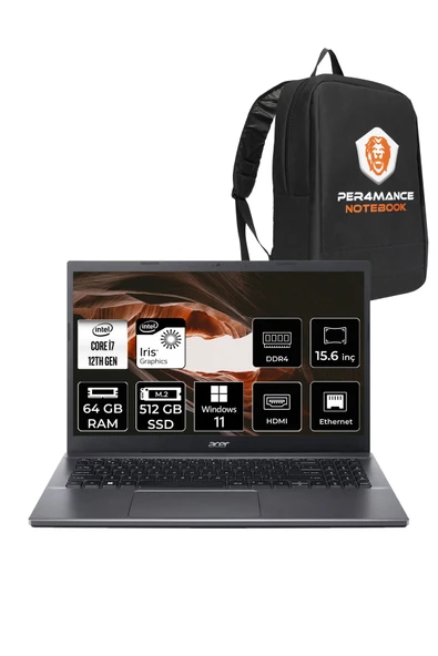 ACER Extensa 15 EX215-55 i7-1255U 64GB RAM 512GB SSD 15.6'' FHD W11H Dizüstü Bilgisayar & PER4 ÇANTA ürün görseli 1