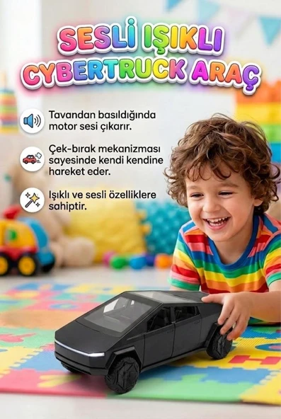 Sesli Ve Işıklı Cybertruck Oyuncak Araç - Çek Bırak Metalik Gri Konsept Oyuncak Araba ürün görseli 1