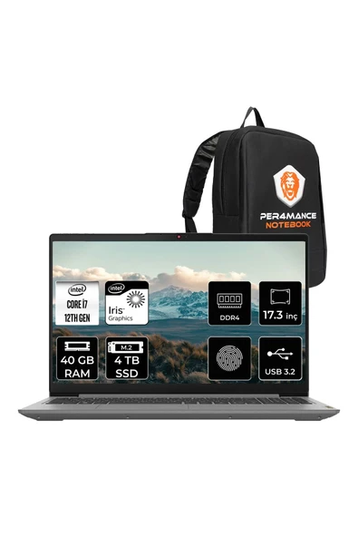 LENOVO IdeaPad 3 17IAU7 i7-1255U 40GB 4TB SSD 17.3" FHD FDOS Taşınabilir Bilgisayar & PER4 Çanta ürün görseli 1