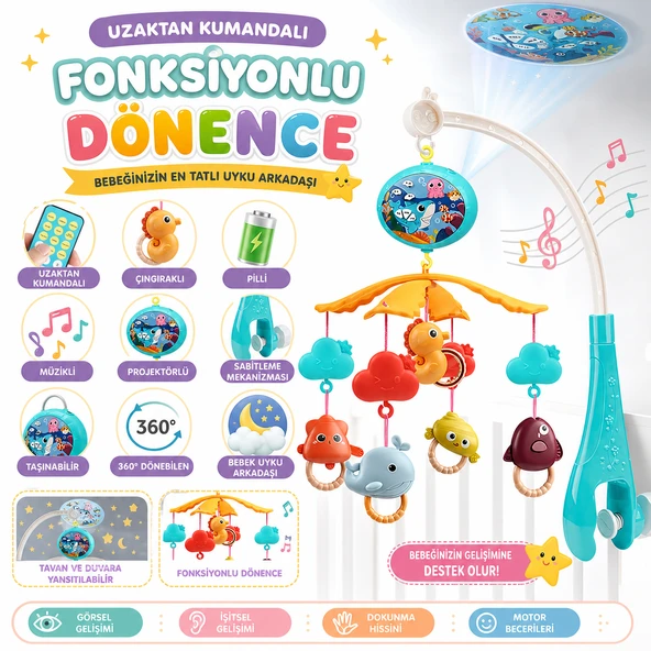 Pilli Müzikli Uzaktan Kumandalı Projektörlü Fonksiyonlu Dönence - 360 Dönebilen - Sabitlemeli Çıngıraklı Dönence - Bebek Uyku Arkadaşı Beşik Oyuncağı ürün görseli 1