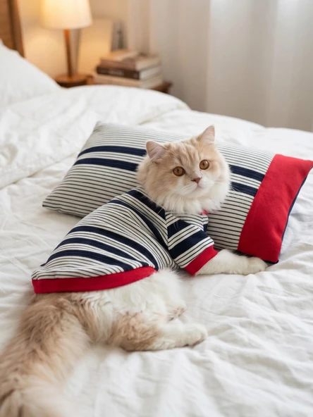 Yacht Club Marin Çizgili Kedi Uyku Takımı | Lacivert Kırmızı Pamuklu Kedi Tişört ve Mini Yastık ürün görseli 1