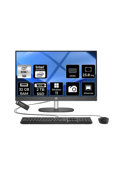 HP ProOne 240 G10 Ultra 7 155U 32GB 2TB SSD 23.8" FHD W11H All in One Bilgisayar & PER4 USB ürün görseli 1