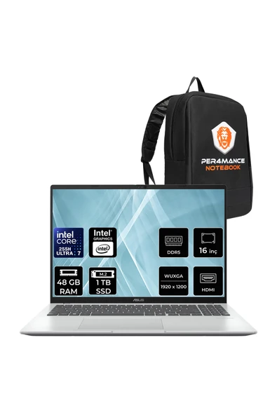 ASUS Vivobook 16 Ultra 7 255H 48GB 1TB SSD Intel Graphics 16" WUXGA FDOS X1607CA Taşınabilir Bilgisayar ürün görseli 1