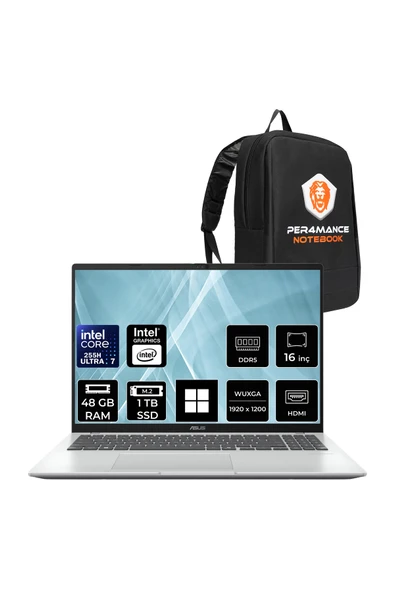 ASUS Vivobook 16 Ultra 7 255H 48GB 1TB SSD Intel Graphics 16" WUXGA W11P X1607CA Taşınabilir Bilgisayar ürün görseli 1
