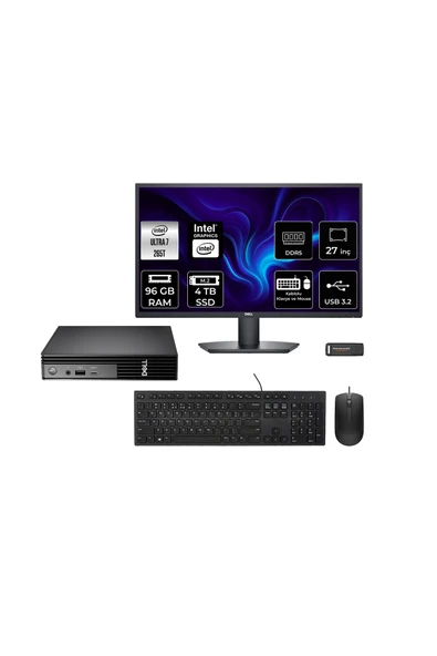 Dell Pro Micro QCM1250 Ultra 7 265T 96GB 4TB SSD 27" Monitör FDOS Mini Masaüstü Bilgisayar ürün görseli 1