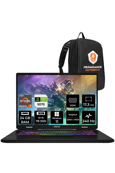 MSI Crosshair A17 HX R7 8840HX 24GB 4TB+4TB SSD RTX5070/8GB 115W 17" QHD+ 240Hz W11H Gaming D8WGKG ürün görseli 1