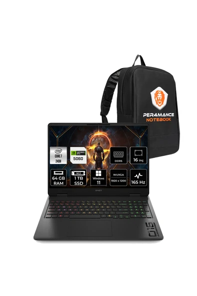 HP Omen 16 Core 7 240H 64GB 1TB SSD RTX5060/8GB 16" FHD+ 165Hz W11P Gaming Laptop & Per4 Çanta ürün görseli 1