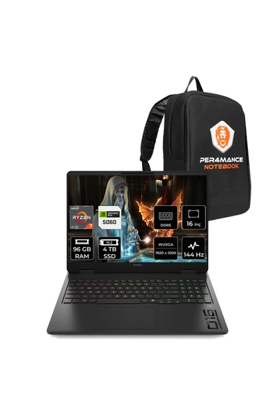 HP Omen16 Ryzen AI 7-350 96GB 4TB SSD RTX5060/8GB 16" FHD+ 144Hz FDOS Gaming Laptop &Per4 Çanta ürün görseli 1