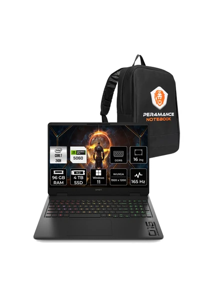 HP Omen 16 Core 7 240H 96GB 4TB SSD RTX5060/8GB 16" FHD+ 165Hz W11P Gaming Laptop & Per4 Çanta ürün görseli 1