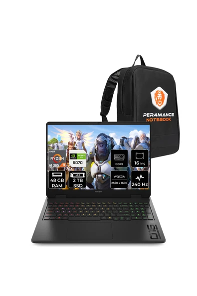 HP Omen16 Ryzen AI 9-365 48GB 2TB SSD RTX5070/8GB 115W 16" QHD+ 240Hz FDOS Gaming Laptop &Çanta ürün görseli 1