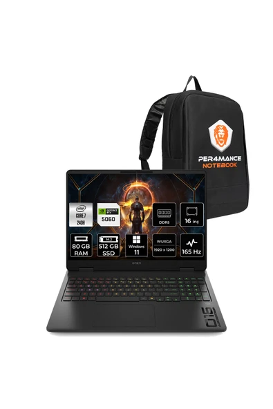 HP Omen 16 Core 7 240H 80GB 512GB SSD RTX5060/8GB 16" FHD+ 165Hz W11P Gaming Laptop & Per4 Çanta ürün görseli 1