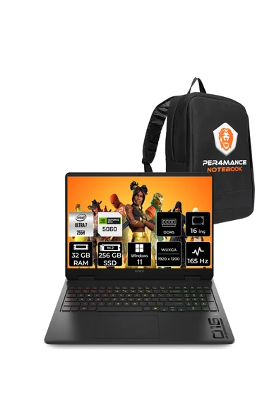 HP Omen 16 Ultra 7 255H 32GB 256GB SSD RTX5060/8GB 115W 16" FHD+ 165Hz W11P Gaming Laptop & Çanta ürün görseli 1