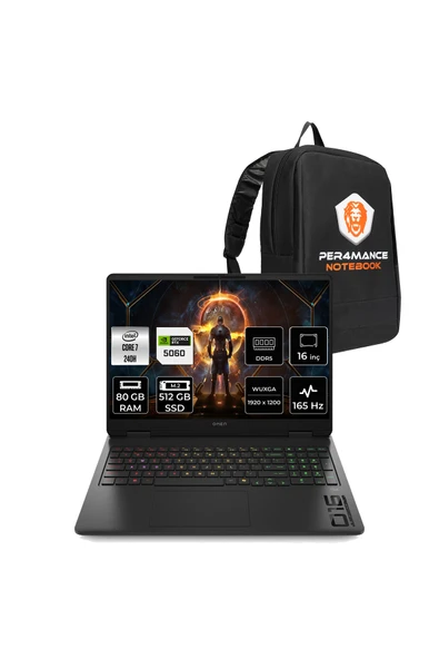 HP Omen 16 Core 7 240H 80GB 256GB SSD RTX5060/8GB 16" FHD+ 165Hz FDOS Gaming Laptop & Per4 Çanta ürün görseli 1