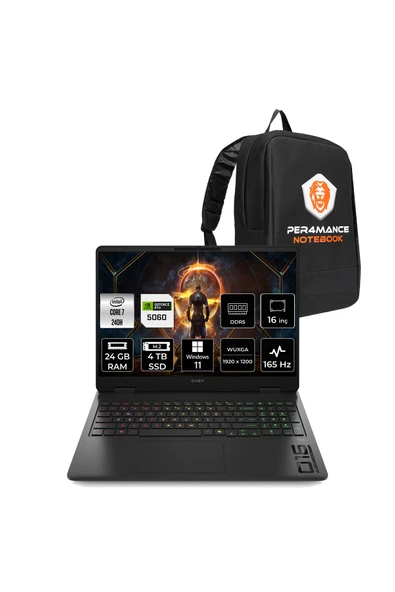 HP Omen 16 Core 7 240H 24GB 4TB SSD RTX5060/8GB 16" FHD+ 165Hz W11H Gaming Laptop & Per4 Çanta ürün görseli 1