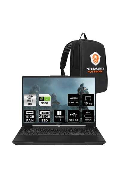 ASUS TUF Gaming F16 Core5 210H 16GB 256GB SSD RTX3050/6GB 16" WUXGA 144Hz W11P Laptop FX607VJ ürün görseli 1