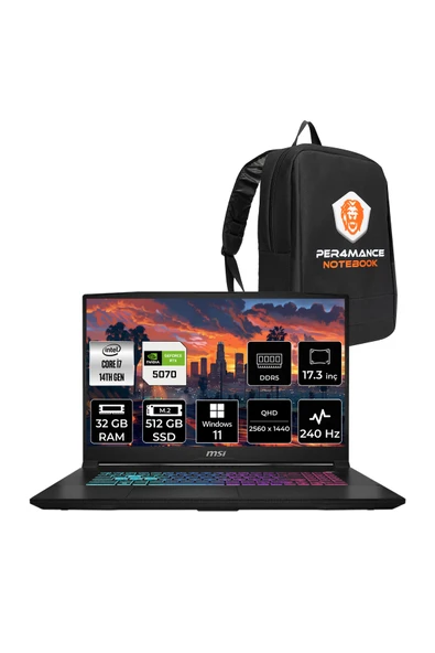 MSI Katana 17 HX i7-14650HX 32GB 512GB SSD RTX5070/8GB 17.3'' 2K QHD 240Hz W11P Gaming Laptop B14WGK ürün görseli 1