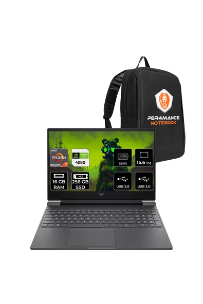 HP Victus 15 R7 8845HS 16GB DDR5 256GB SSD RTX4060/8GB 15.6'' 144Hz FDOS Gaming Laptop & PER4 ÇANTA ürün görseli 1