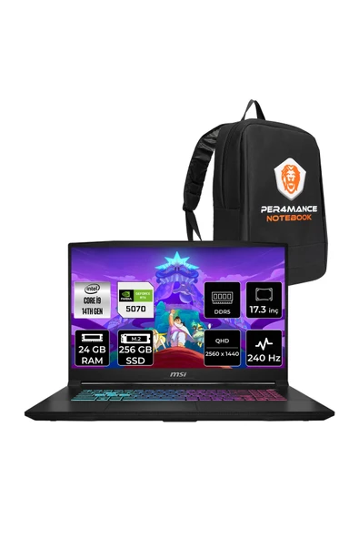 MSI Katana 17 HX i9-14900HX 24GB 256GB SSD RTX5070/8GB 17.3'' 2K QHD 240Hz FDOS Gaming Laptop B14WGK ürün görseli 1