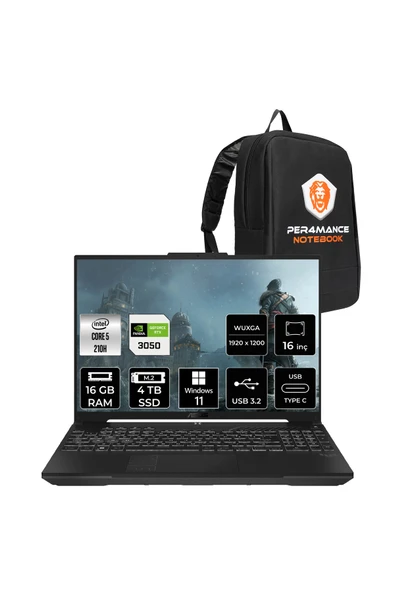 ASUS TUF Gaming F16 Core5 210H 16GB 4TB SSD RTX3050/6GB 16" WUXGA 144Hz W11H Laptop FX607VJ ürün görseli 1