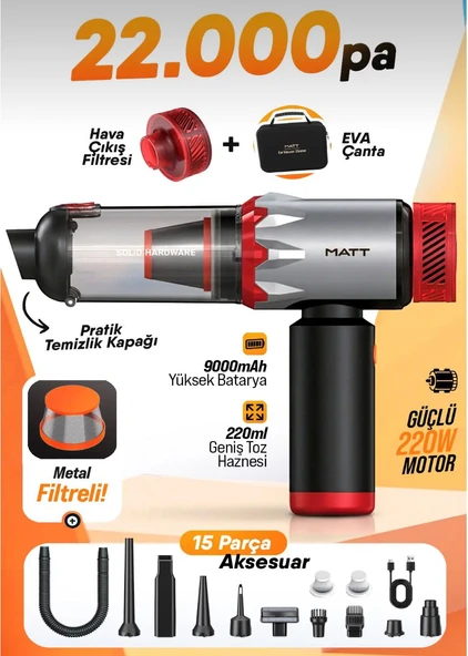 Kablosuz Araç Süpürgesi 220W 22000Pa Güçlü Vakum & Üfleme Özellikli Şarjlı Oto Süpürge MCV22 ürün görseli 1