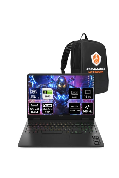 HP Omen 16 Ultra 7 255H 64GB 256GB SSD RTX5070/8GB 16" WUXGA 165Hz FDOS Gaming Laptop ürün görseli 1
