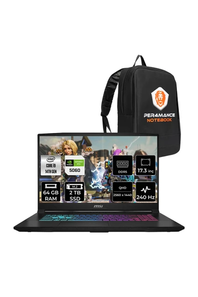 MSI Katana 17 HX i9-14900HX 64GB 2TB SSD RTX5060/8GB 17.3'' 2K QHD 240Hz FDOS Gaming Laptop B14WFK ürün görseli 1