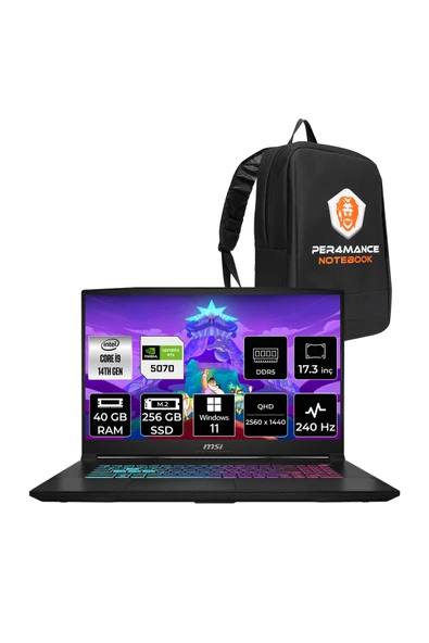 MSI Katana 17 HX i9-14900HX 40GB 256GB SSD RTX5070/8GB 17.3'' 2K QHD 240Hz W11P Gaming Laptop B14WGK ürün görseli 1