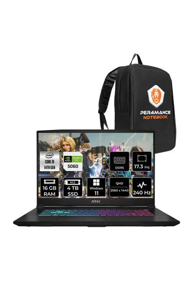 MSI Katana 17 HX i9-14900HX 16GB 4TB SSD RTX5060/8GB 17.3'' 2K QHD 240Hz W11H Gaming Laptop B14WFK ürün görseli 1