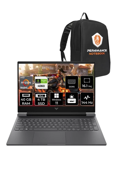HP Victus 16 R5 7640HS 40GB RAM 4TB SSD RTX4060/8GB 144Hz 16.1'' FHD W11P Gaming Laptop & PER4 ÇANTA ürün görseli 1