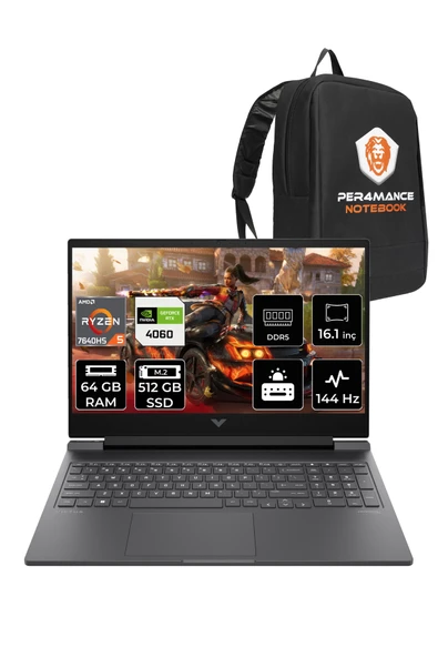 HP Victus 16 R5 7640HS 64GB RAM 512GB SSD RTX4060/8GB 144Hz 16.1'' FHD FDOS Gaming Laptop & PER4 ürün görseli 1