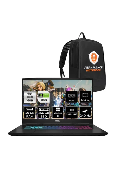 MSI Katana 17 HX i9-14900HX 40GB 256GB SSD RTX5060/8GB 17.3'' 2K QHD 240Hz W11H Gaming Laptop B14WFK ürün görseli 1