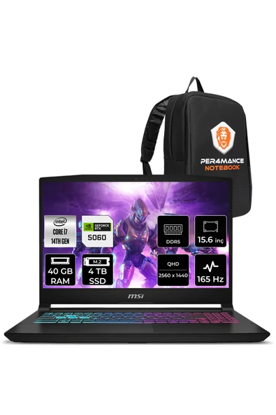 MSI Katana 15 i7 14650HX 40GB 4TB SSD RTX5060/8GB 115W 15.6" QHD 165Hz FDOS Gaming Laptop B14WFK ürün görseli 1