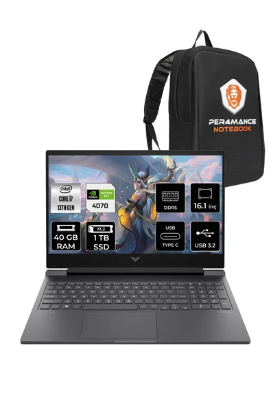 HP Victus 16 i7 13700H 40GB DDR5 1TB SSD RTX4070/8GB 144Hz 16.1'' FDOS Gaming Laptop & PER4 ÇANTA ürün görseli 1