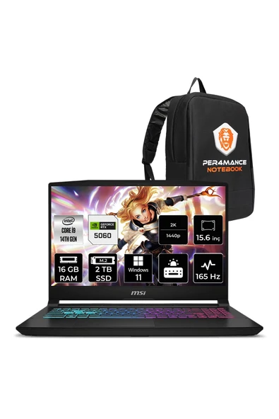 MSI Katana 15 HX i9-14900HX 16GB 2TB SSD RTX5060/8GB 15.6" 2K QHD 165Hz W11H Gaming Laptop B14WFK ürün görseli 1
