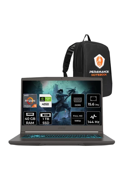 MSI Thin A15 B7VE R5 7535HS 40GB 1TB SSD RTX4050/6GB 15.6" FHD 144Hz FDOS Gaming Laptop & PER4 Çanta ürün görseli 1