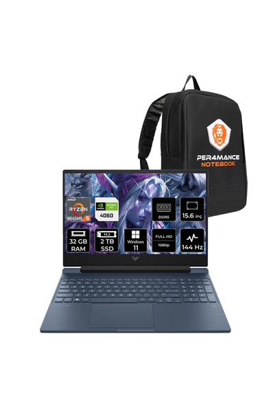 HP Victus 15 R5 8645HS 32GB RAM 2TB SSD RTX4060/8GB 144Hz 15.6'' FHD W11H Gaming Laptop & ÇANTA ürün görseli 1