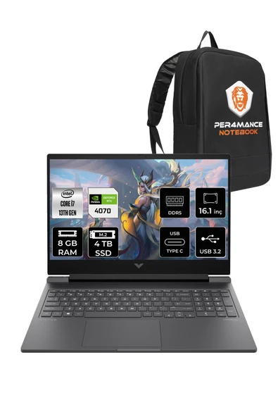 HP Victus 16 i7 13700H 8GB DDR5 4TB SSD RTX4070/8GB 144Hz 16.1'' FDOS Gaming Laptop & PER4 ÇANTA ürün görseli 1