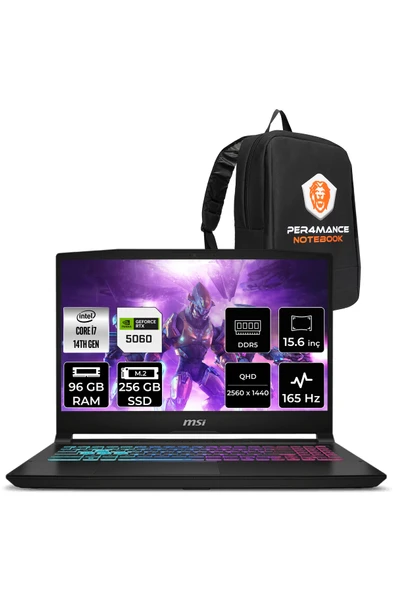 MSI Katana 15 i7 14650HX 96GB 256GB SSD RTX5060/8GB 115W 15.6" QHD 165Hz FDOS Gaming Laptop B14WFK ürün görseli 1