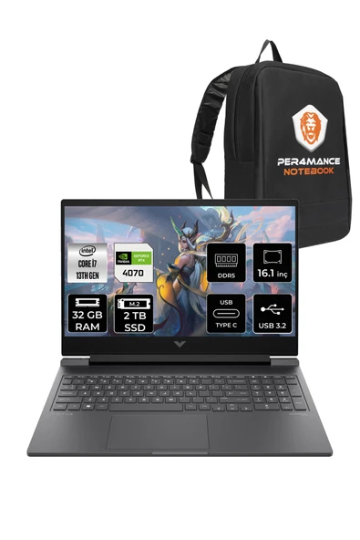 HP Victus 16 i7 13700H 32GB DDR5 2TB SSD RTX4070/8GB 144Hz 16.1'' FDOS Gaming Laptop & PER4 ÇANTA ürün görseli 1