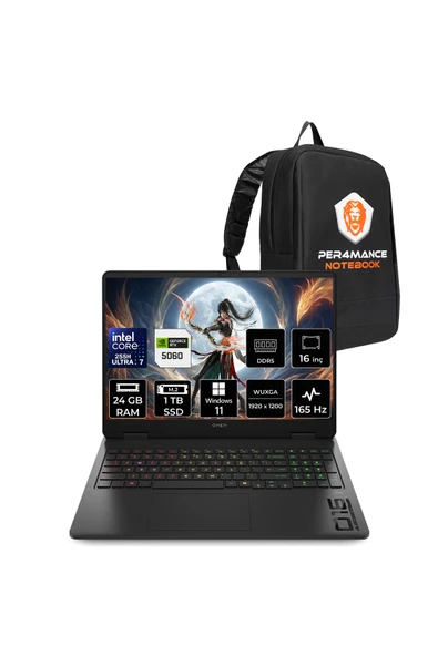 HP Omen Slim 16 Ultra 7 255H 24GB 1TB SSD RTX5060/8GB 16" WUXGA 165Hz 3 ms IPS W11H Gaming Laptop ürün görseli 1