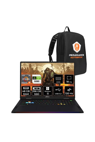 MSI Raider A18 HX R9 9955HX3D 48GB 256GB SSD RTX5080/16GB 175W 18'' UHD+ W11P Gaming Laptop ürün görseli 1