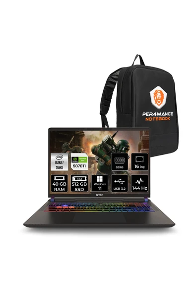 MSI Vector 16 HX AI Ultra 7 255HX 40GB 512GB SSD RTX5070TI/12GB 140W 16'' WUXGA W11H Gaming Laptop ürün görseli 1