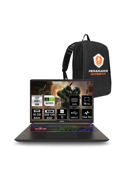 MSI Vector 16 HX AI Ultra 7 255HX 16GB 256GB SSD RTX5070TI/12GB 140W 16'' WUXGA W11H Gaming Laptop ürün görseli 1